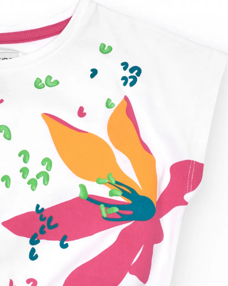 Camiseta para niña en blanco de manga corta y estampado floral