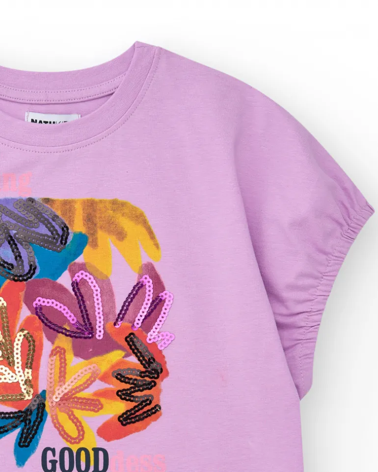 Camiseta para niña en lila con lentejuelas y dobladillo curvo