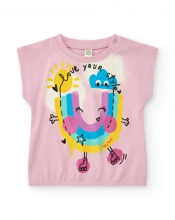 Camiseta para niña en rosa con manga caída y cintura elástica