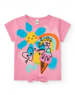 Camiseta para niña en rosa con helado, corazones y nudo decorativo