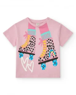Camiseta para niña en rosa con patines y corazones