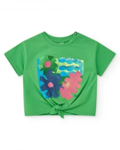 Camiseta para niña en verde con estampado y nudo decorativo