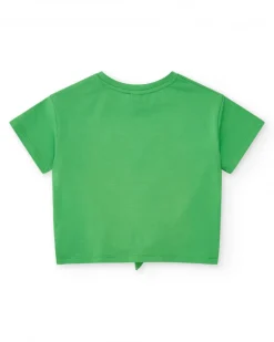 Camiseta para niña en verde con estampado y nudo decorativo