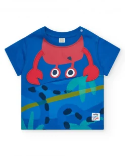 Camiseta para niño en azul con estampado de cangrejo y botones en el hombro