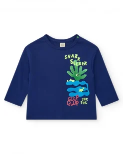 Camiseta para niño en azul con tiburones y frase