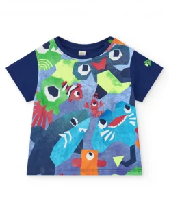 Camiseta para niño en azul con tiburones y peces