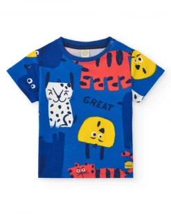 Camiseta para niño en azul con estampado natural y cierre en el hombro