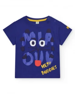 Camiseta para niño en azul con gato y frase "HEY!! BUDDIES"