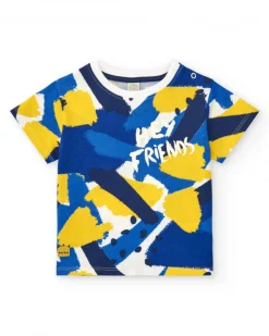 Camiseta para niño en azul y amarillo y botones en el cuello