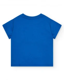 Camiseta para niño en azul con estampado de cangrejo y botones en el hombro