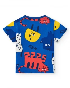 Camiseta para niño en azul con estampado natural y cierre en el hombro