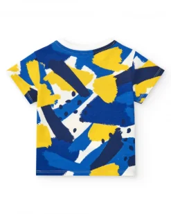 Camiseta para niño en azul y amarillo y botones en el cuello