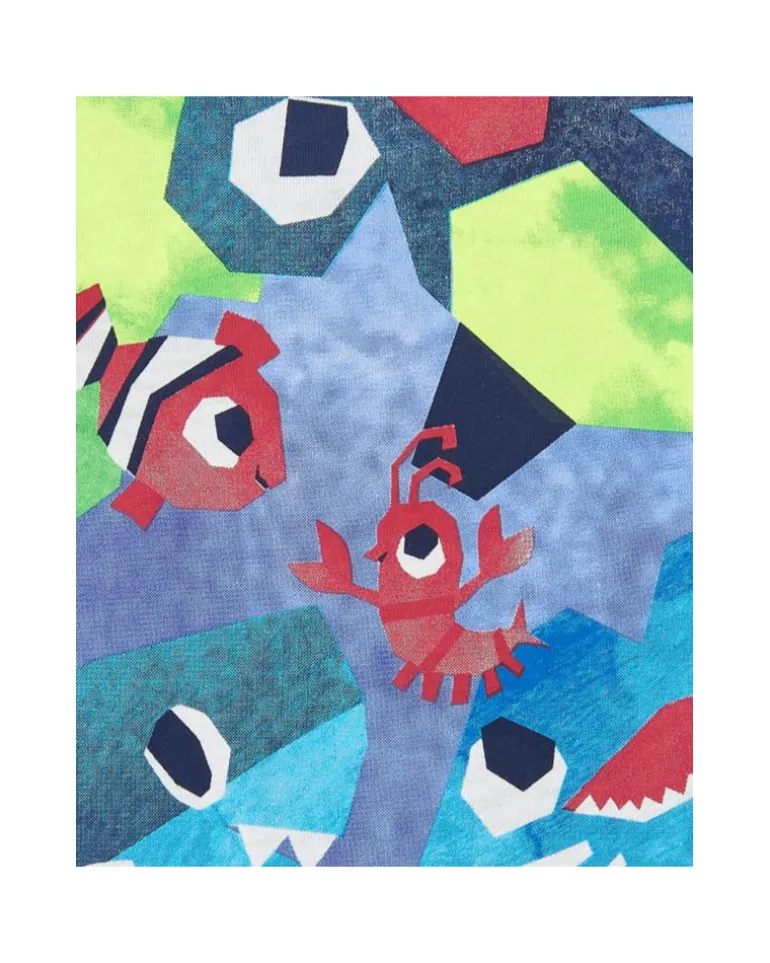Camiseta para niño en azul con tiburones y peces