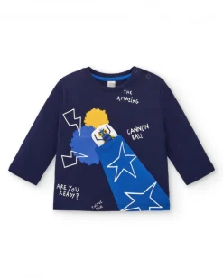 Camiseta punto niño en azul marino con estampado de cañón y manga larga colección Amazing