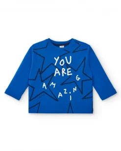 Camiseta punto niño en azul con estampado de estrellas y mensaje colección Amazing