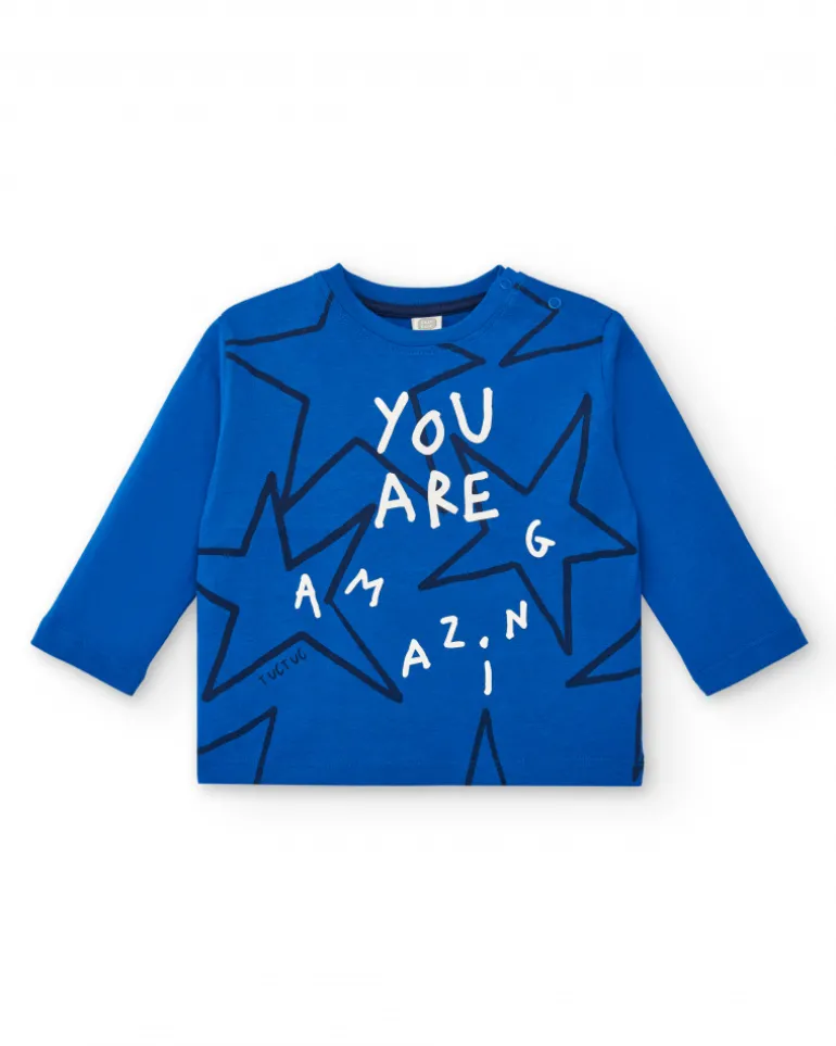 Camiseta punto niño en azul con estampado de estrellas y mensaje colección Amazing