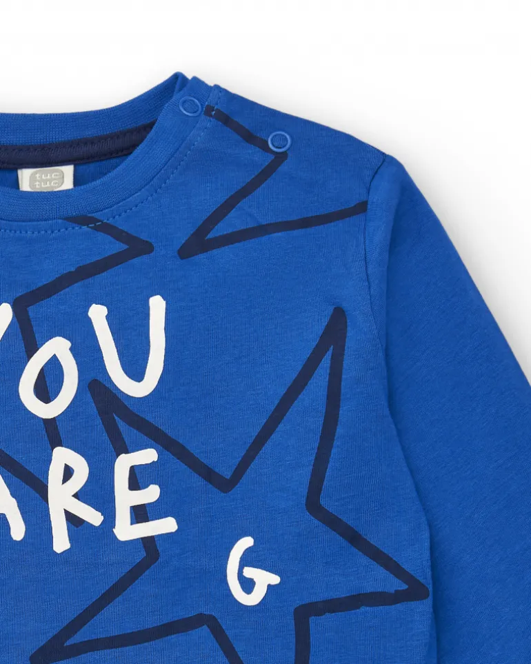 Camiseta punto niño en azul con estampado de estrellas y mensaje colección Amazing