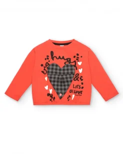 Camiseta roja con corazón de cuadros y mensaje "Hugs & Love" para niña de la colección Cartoon