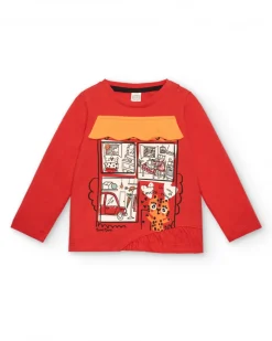 Camiseta roja con estampado de ventana y gatito para niña de la colección Cartoon Calling