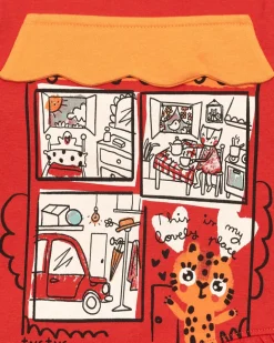Camiseta roja con estampado de ventana y gatito para niña de la colección Cartoon Calling
