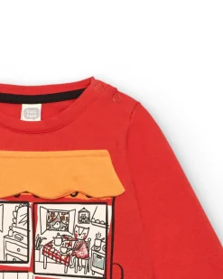 Camiseta roja con estampado de ventana y gatito para niña de la colección Cartoon Calling