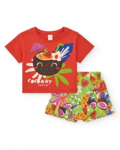 Camiseta roja para niña con estampado tropical de coco y frutas