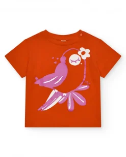 Camiseta roja para niña con estampado de pájaro