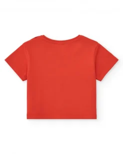 Camiseta roja para niña con estampado tropical de coco