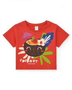 Camiseta roja para niña con estampado tropical de coco y frutas