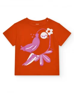 Camiseta roja para niña con estampado de pájaro