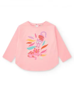 Camiseta rosa manga larga para niña con estampado de animales