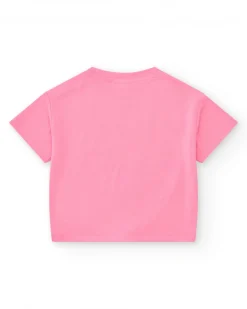 Camiseta rosa para niña con carita de animal y nudo inferior