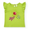 Camiseta verde para niña con volantes y flor de crochet