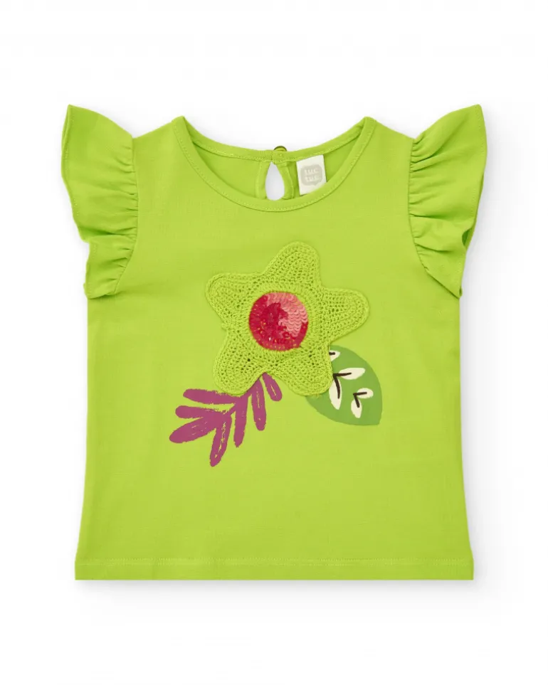 Camiseta verde para niña con volantes y flor de crochet