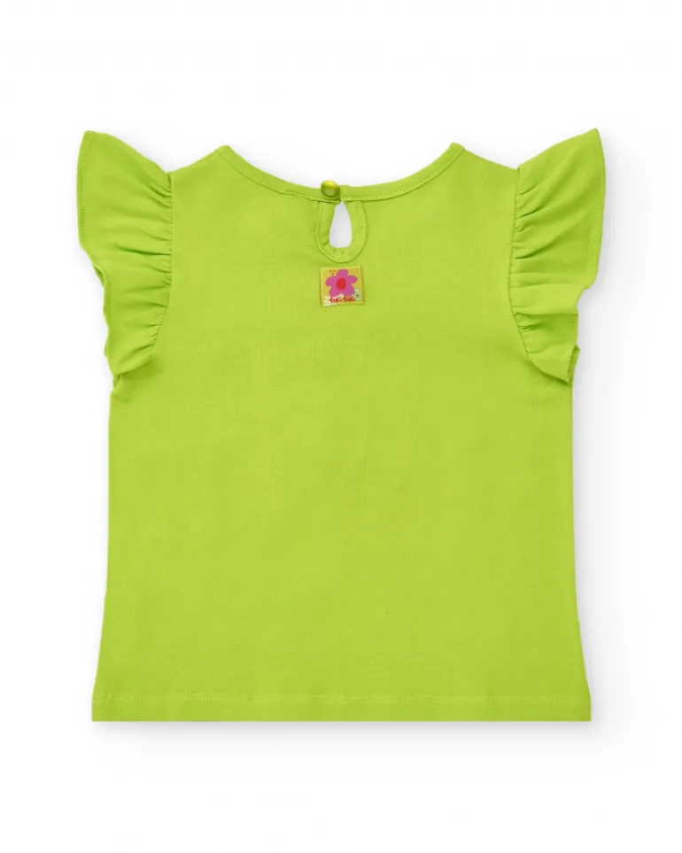 Camiseta verde para niña con volantes y flor de crochet