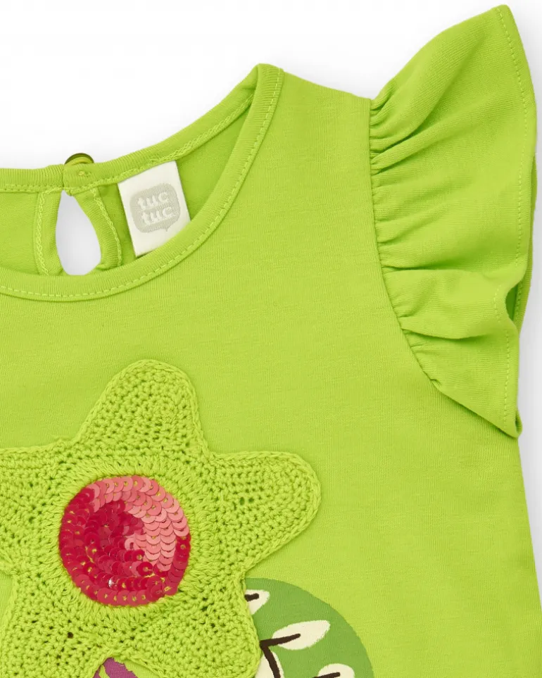 Camiseta verde para niña con volantes y flor de crochet