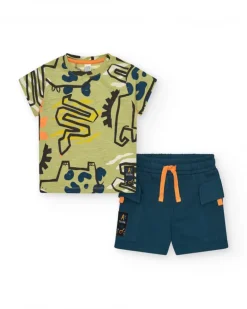 Camiseta verde para niño con dinosaurios y cierre en el hombro