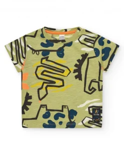 Camiseta verde para niño con dinosaurios y cierre en el hombro