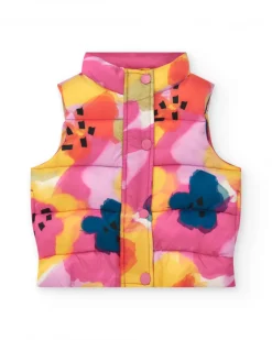 Chaleco acolchado para niña con estampado floral en rosa, amarillo y azul