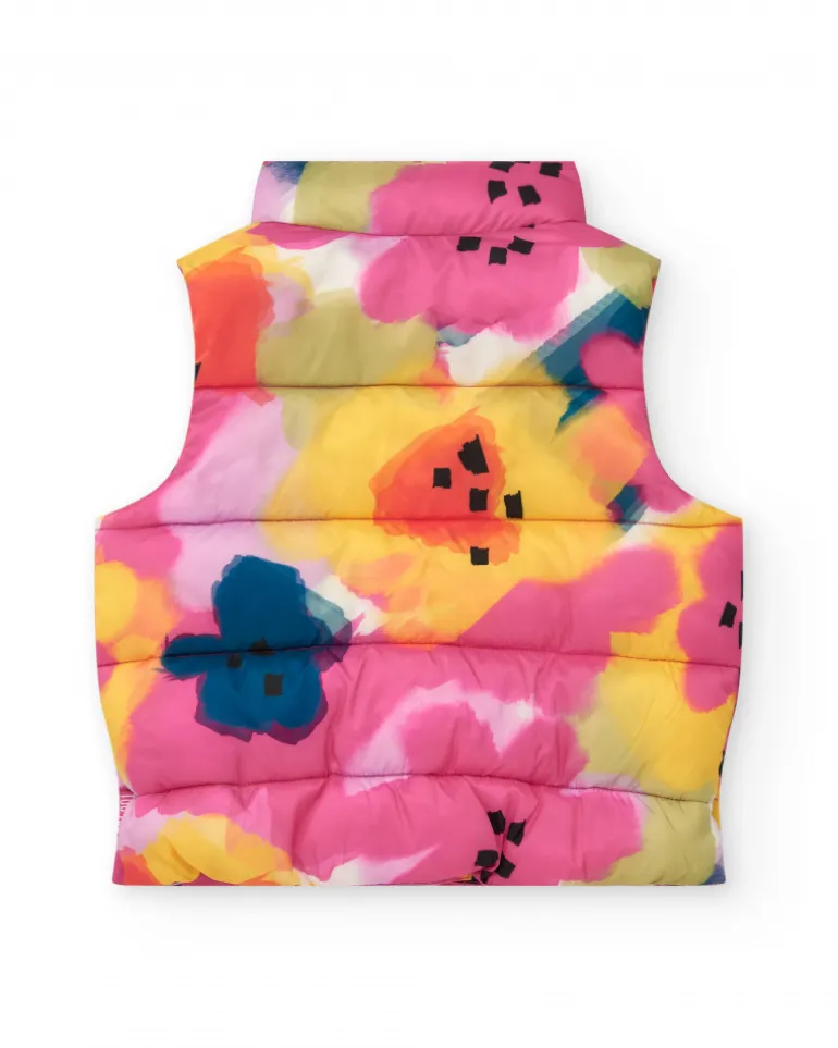 Chaleco acolchado para niña con estampado floral en rosa, amarillo y azul