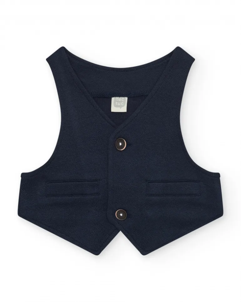 Chaleco azul marino para niño con botones y bolsillos decorativos