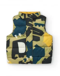 Chaleco verde acolchado para niño con estampado de dinosaurios