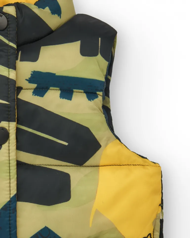 Chaleco verde acolchado para niño con estampado de dinosaurios