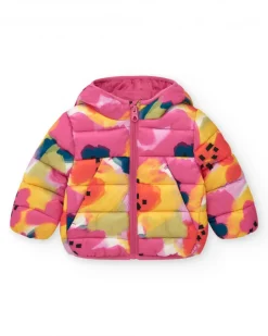 Chaqueta acolchada para niña en color rosa con estampado floral y capucha