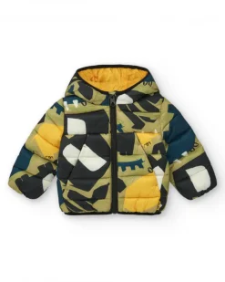 Chaqueta acolchada verde para niño con estampado de dinosaurios y forro amarillo