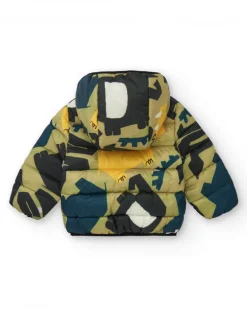Chaqueta acolchada verde para niño con estampado de dinosaurios y forro amarillo