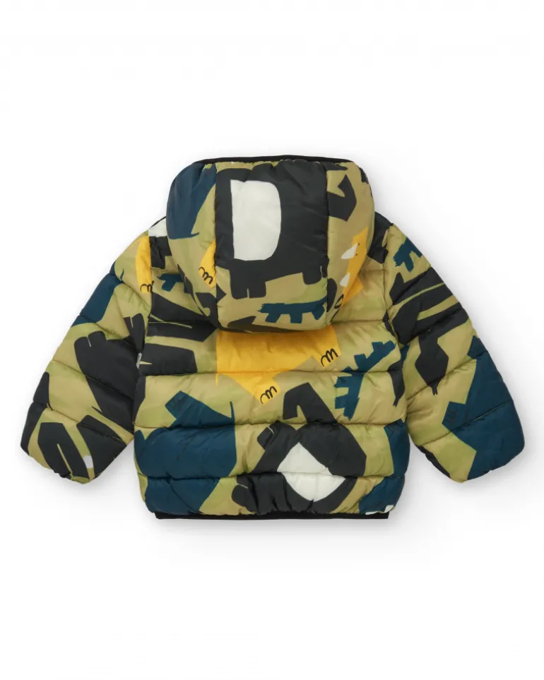 Chaqueta acolchada verde para niño con estampado de dinosaurios y forro amarillo