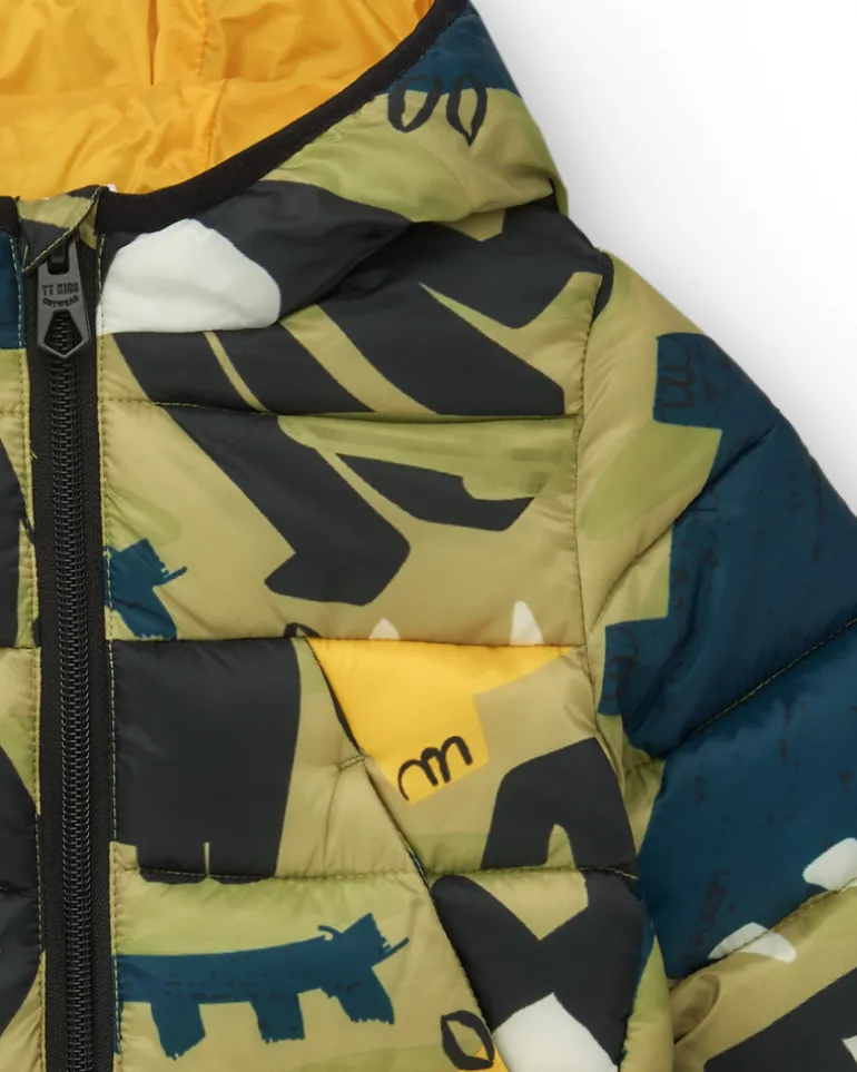 Chaqueta acolchada verde para niño con estampado de dinosaurios y forro amarillo