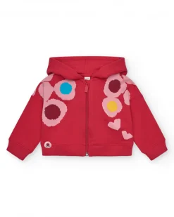 Chaqueta de felpa niña en rojo con estampado floral y capucha Happy Garden