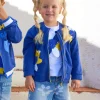 Chaqueta de felpa para niña en azul con apliques de flores y cremallera